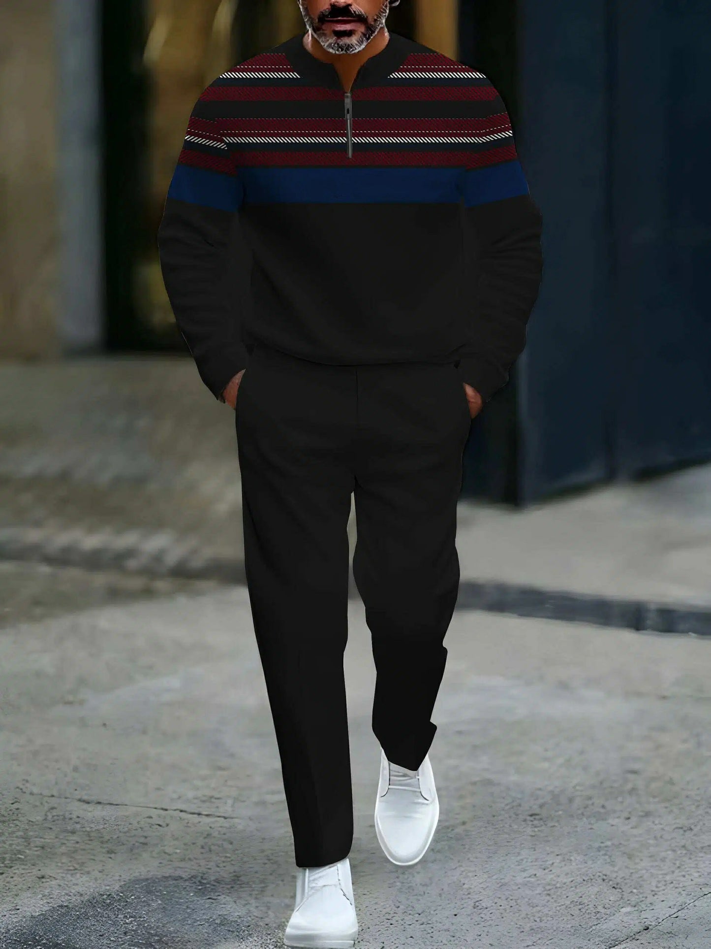 Men's Casual Black Blue Red Color Matching Striped Vintage Pattenr Round-Neck Zipper Long Sleeved Tops & Trousers Two-Piece Set