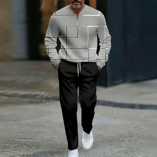 Men's Casual Color Matching Printed Round-Neck Zipper Long Sleeved Trousers Two-Piece Set
