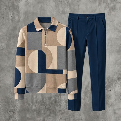 Men's Printed Zipper Polo Shirt and Pants Set