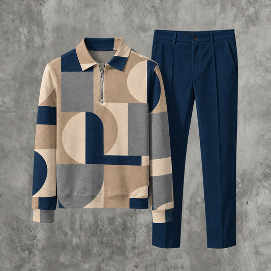 Men's Printed Zipper Polo Shirt and Pants Set
