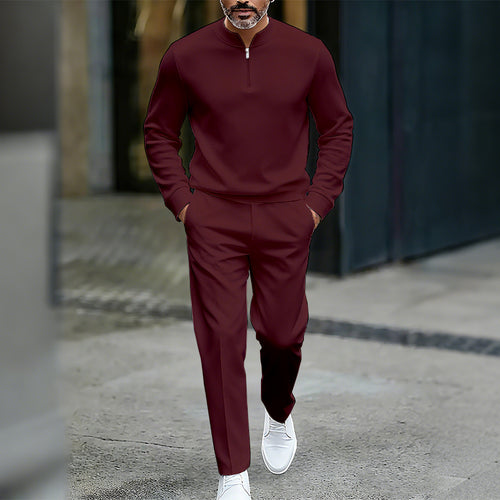 Men's Casual Solid Color Round-Neck Zipper Long Sleeved Trousers Two-Piece Set