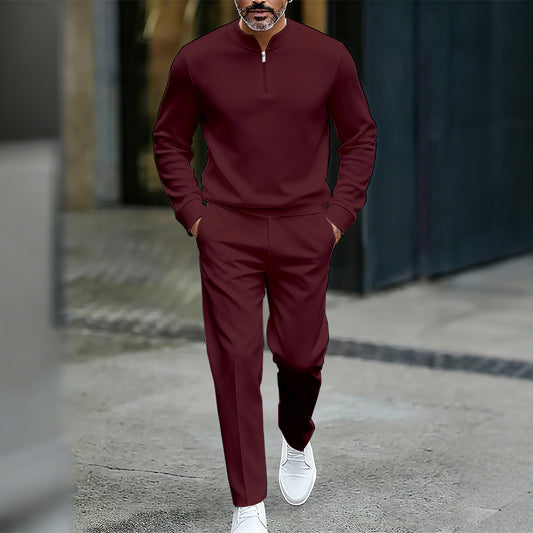 Men's Casual Solid Color Round-Neck Zipper Long Sleeved Trousers Two-Piece Set