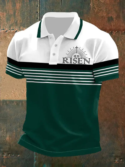 Men's casual retro polo shirt with "He Is Risen" print