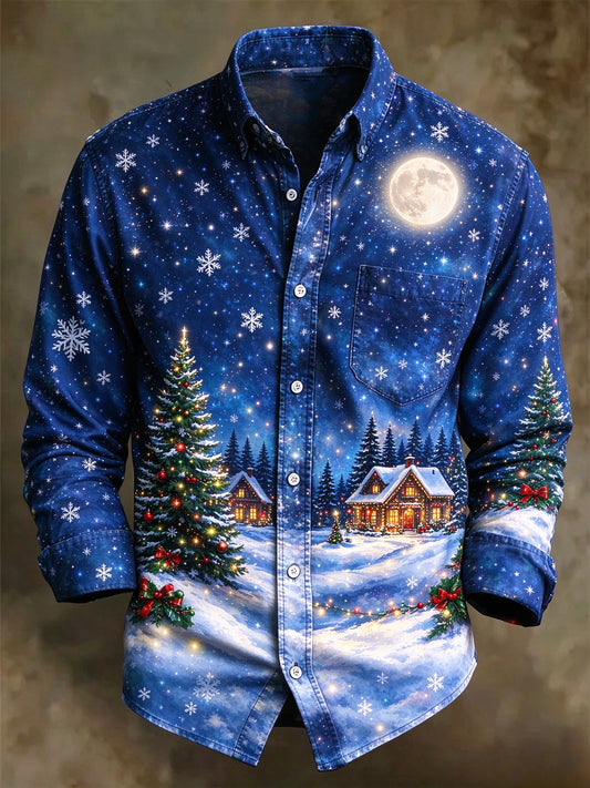 Men's Christmas Snow Cabin Moon Night Long Sleeve Button Up Holiday Shirt
