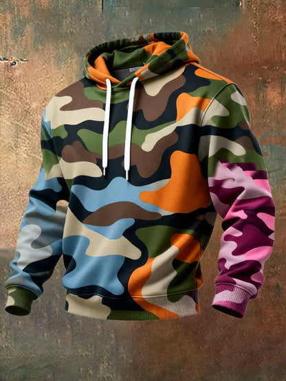 Men's Retro Distressed Color Block Camouflage Print Casual Long Sleeve Sweatshirt
