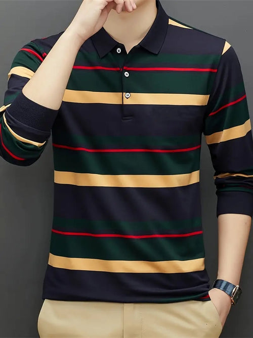 Men's Business Casual Striped Long-Sleeved Polo Shirt
