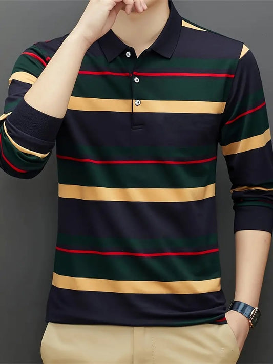 Men's Business Casual Striped Long-Sleeved Polo Shirt