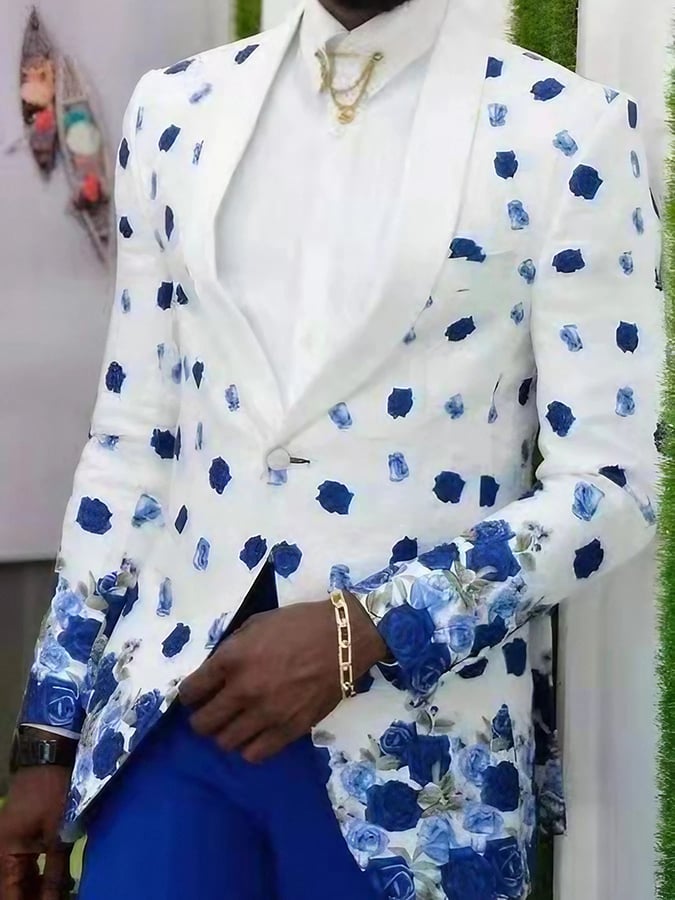 Men's Stylish Floral Printed One-Button Slim-Fit Shawl Lapel Blazer