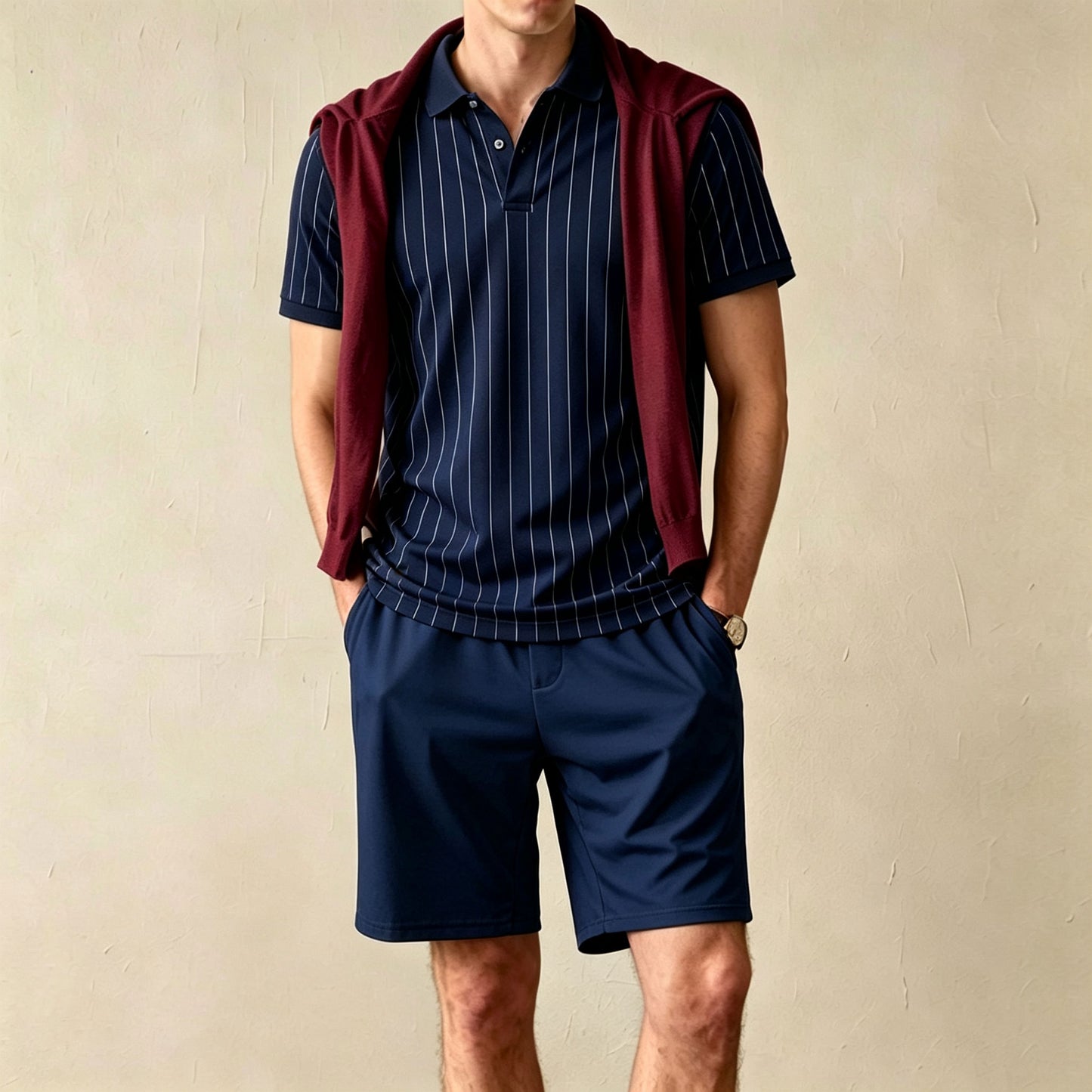 Men's Casual Striped Print Short-Sleeve Polo Shirt and Shorts Two-Piece Set