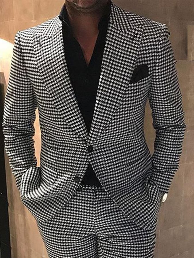 Men's Business Single-Breasted Small Houndstooth Two-Piece Suit