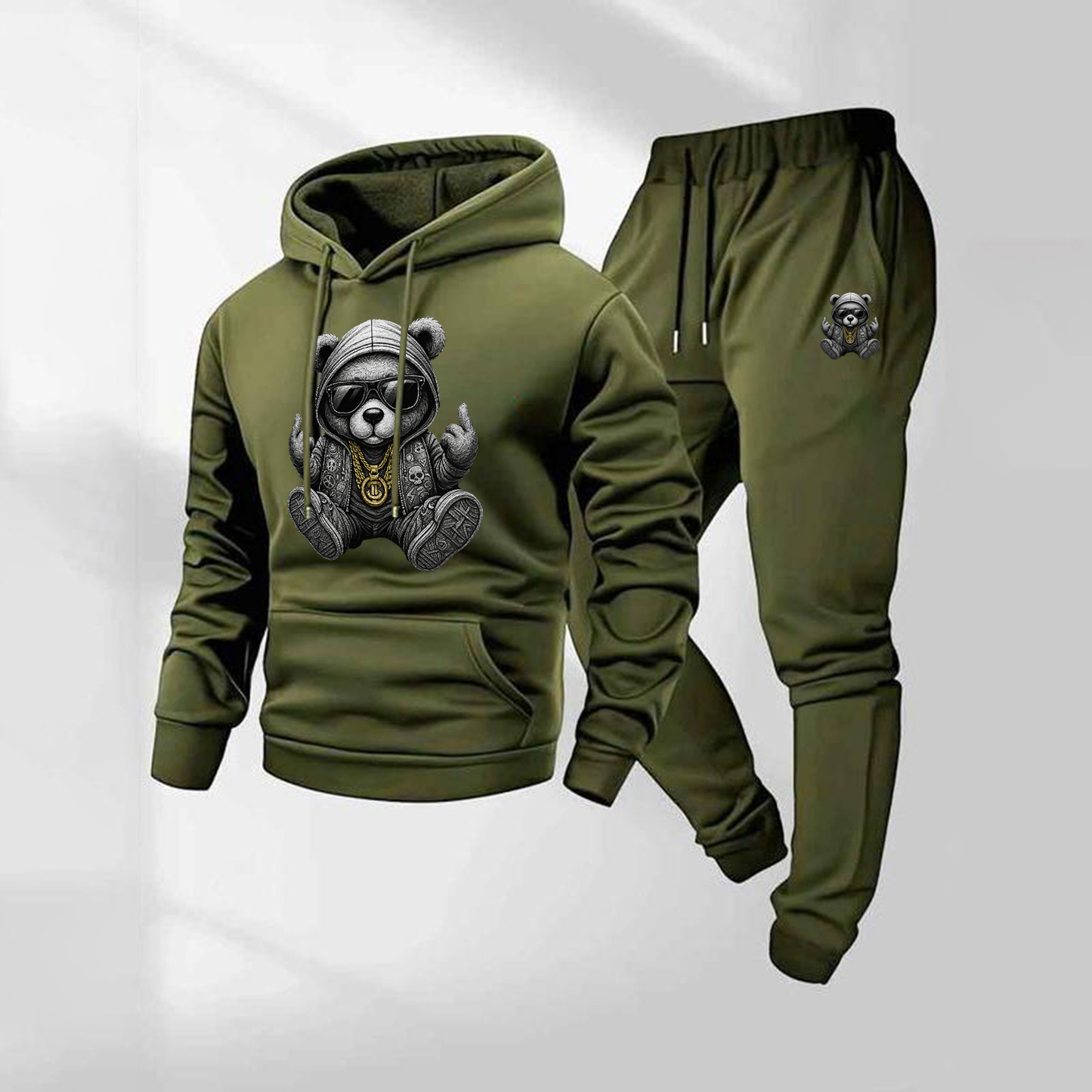 Men's Hip Hop Cartoon Bear Patterned Hoodie And Drawstring Track Pants Set, Men's Casual Athletic Long-Sleeved Hooded Jacket And Pants, Suitable For Fall And Winter, Street Style Hoodie Set, Indoor And Outdoor Sportswear,