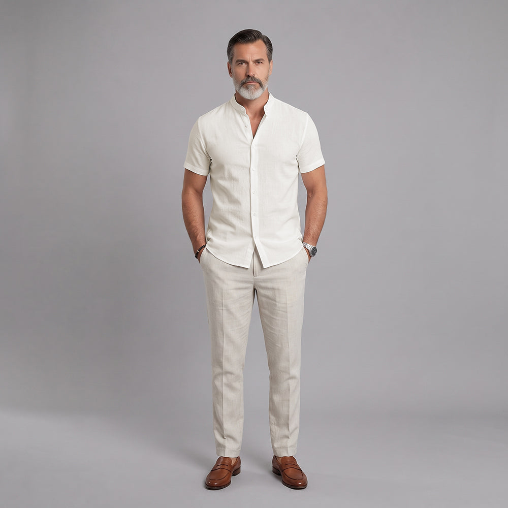 Men's Short-Sleeve Shirt with Stand-Up Collar: Lightweight, Breathable, and Textured