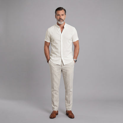 Men's Short-Sleeve Shirt with Stand-Up Collar: Lightweight, Breathable, and Textured