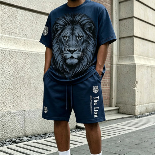 Men's Navy Blue Lion-Print Round-Neck Short-Sleeve T-Shirt and Shorts Set