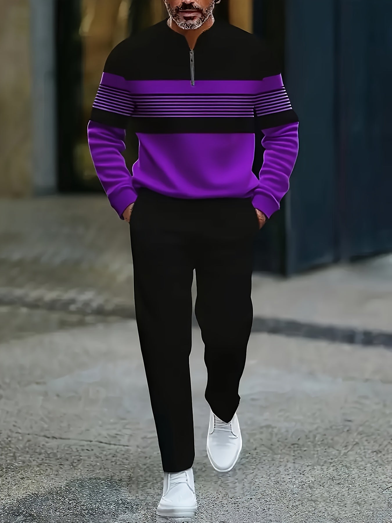 Men's Casual Color Matching Printed Round-Neck Zipper Long Sleeved Trousers Two-Piece Set