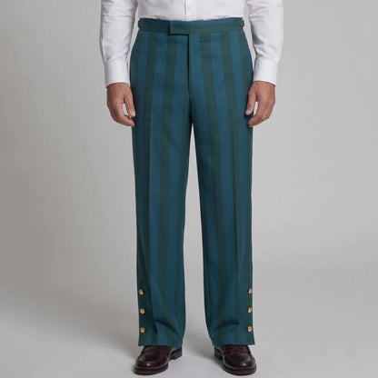 Men's Teal Contrast Striped Print Side Buttons High Waist Wide Leg Suit Pants