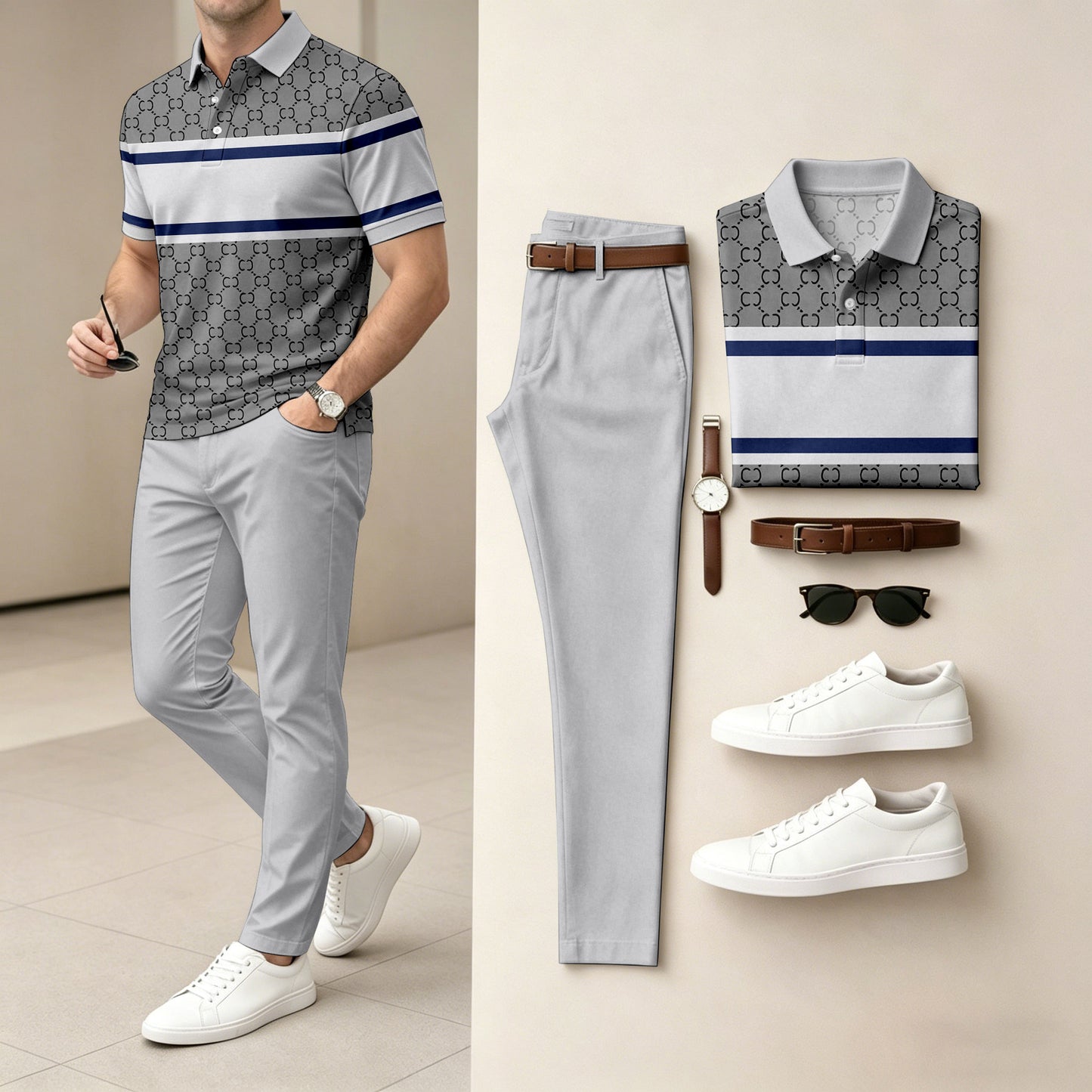 Men's Color-Blocked Short-Sleeve Polo Shirt and Long Pants Two-Piece Set