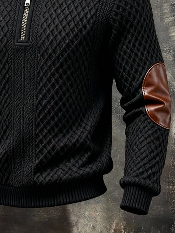 Men'S Vintage-Style Textured Patchwork Color-Block Long-Sleeved Sweatshirt