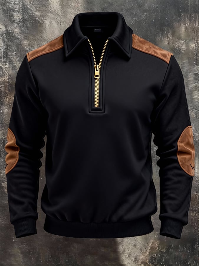 Men's Retro Color Block Print Zipper Sweatshirt