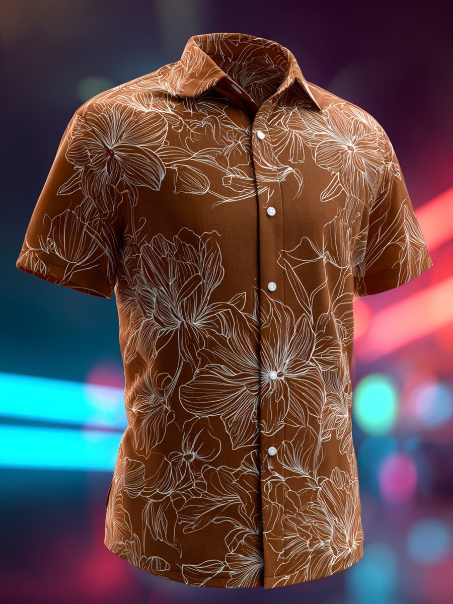 Men's Business Casual Brown Floral Lapel Short Sleeve Shirt