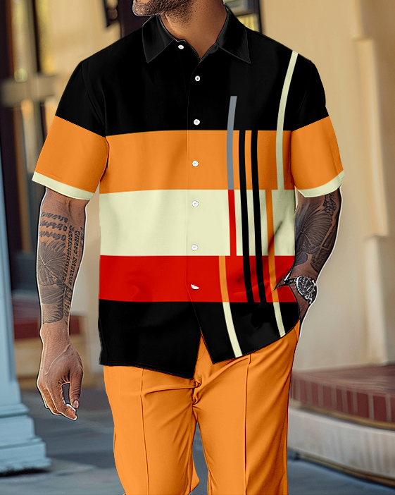 Men's Retro Colorblock Short Sleeve Shirt Walking Suit 1574