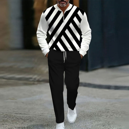 Men's Casual Black & White Striped Printed Round Neck Zipper Long-Sleeve Sweatshirt & Pants Two-Piece Set