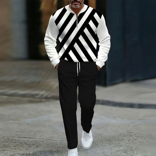Men's Casual Black & White Striped Printed Round Neck Zipper Long-Sleeve Sweatshirt & Pants Two-Piece Set