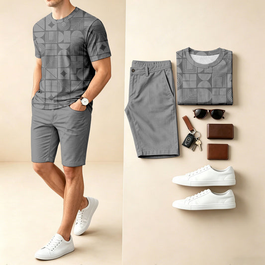 Men's Casual Checkered Print Round-Neck Short-Sleeve T-Shirt And Shorts Two-Piece Set