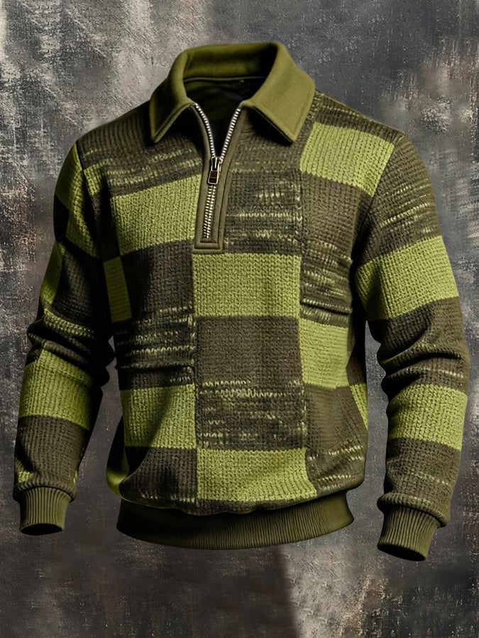 Men's Retro Color Block Print Color-Blocked Zip-Up Sweatshirt