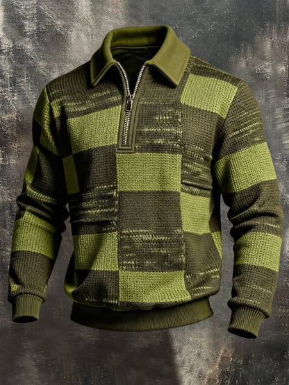 Men's Retro Color Block Print Color-Blocked Zip-Up Sweatshirt