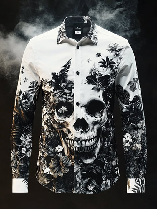 Men's Outdoor Vintage Skull and Floral Long Sleeve Shirt