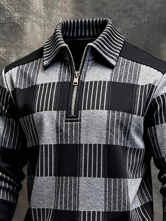 Men's Retro Color Block Print Color-Blocked Zip-Up Sweatshirt