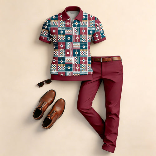 Men's Casual Color-Blocked Printed Short-Sleeve Polo Shirt And Pants Set