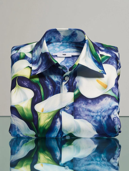 Men's Business Casual Calla Lily Floral Lapel Short Sleeve Shirt
