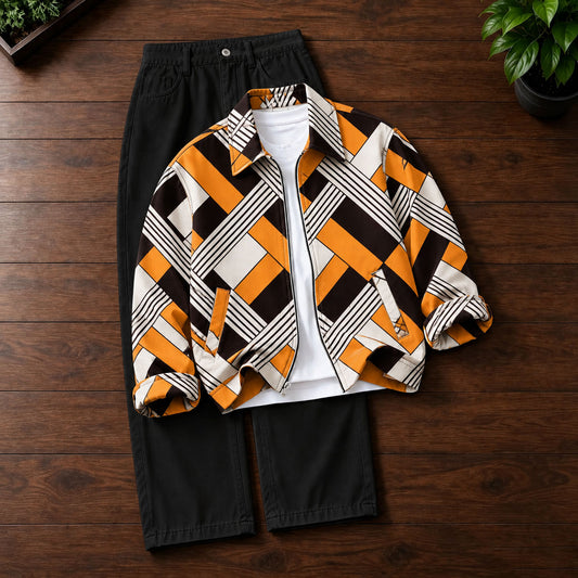 Men's Printed Lapel-Collar Zip-Up Cardigan and Pants Set