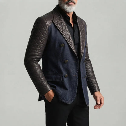 Men's Fashion Peak Lapel Double Breasted Quilted PU Leather Contrast Spliced Denim Blazer