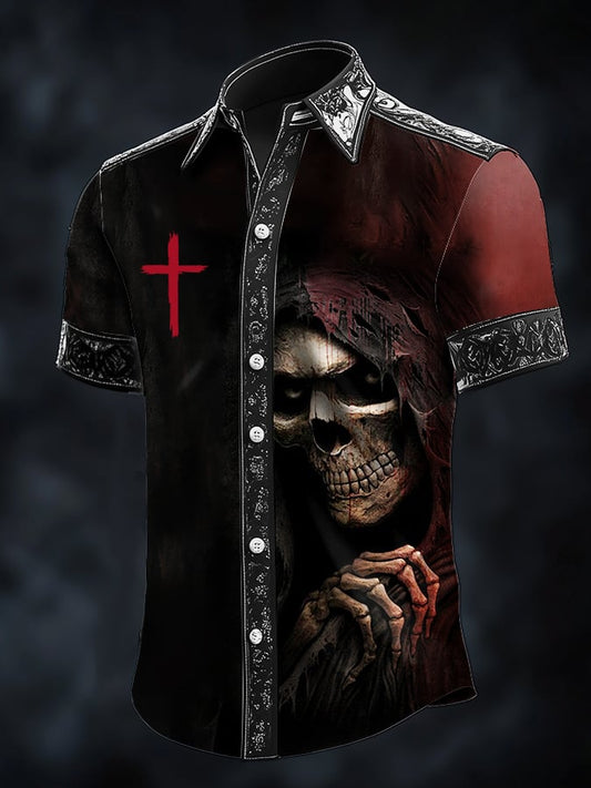 Men's Casual Fashion Skull Grim Reaper Short Sleeve Shirt