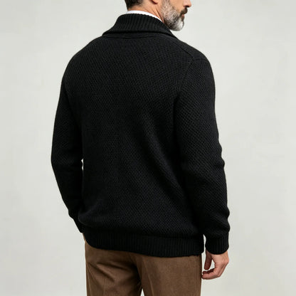 Men's Solid Color Ribbed Shawl Collar Double-Breasted Business Casual Knitted Cardigan