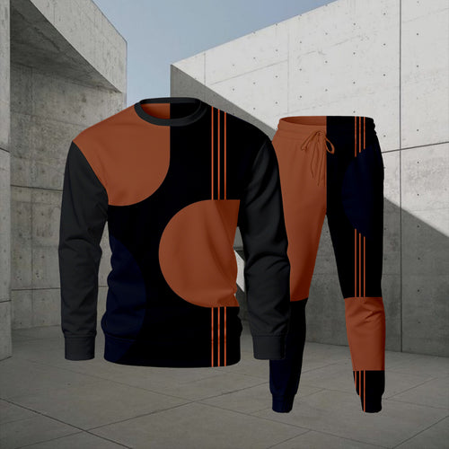 Men's Casual Color Matching Printed Round-Neck Long-Sleeve Sweatshirts Trousers Two-Piece Set