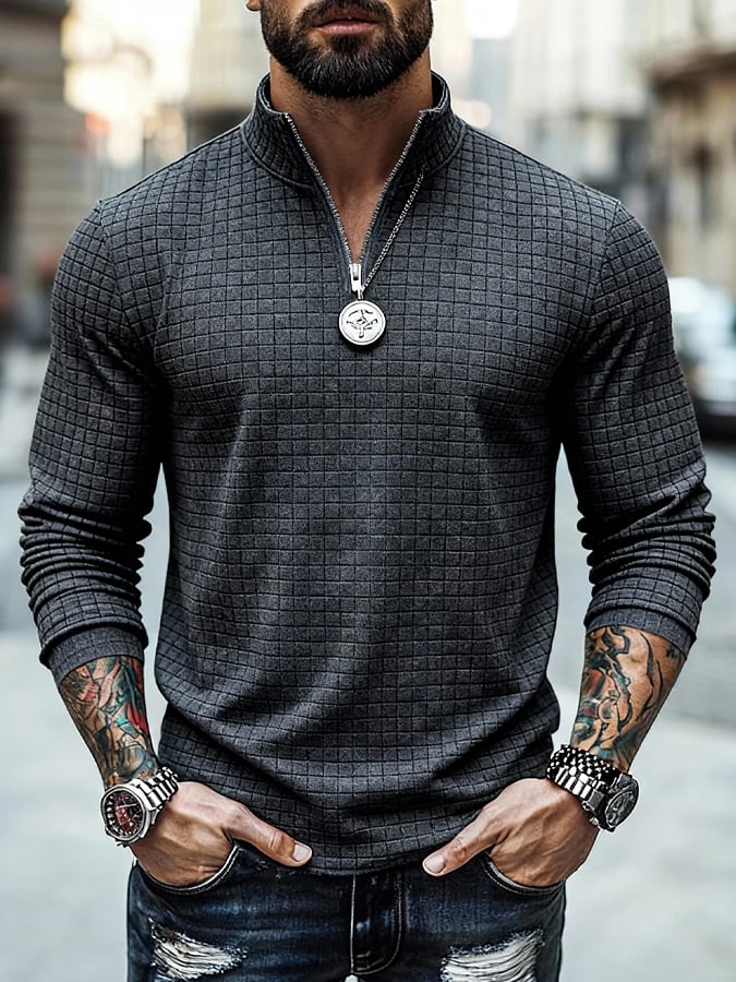 Men's Vintage Knitted Waffle-Knit Zip-Up Sweatshirt