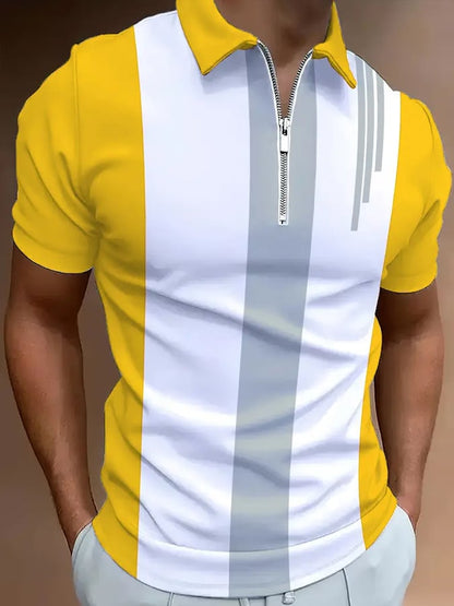 Men's Casual Color Block Zip-Up Polo Shirt