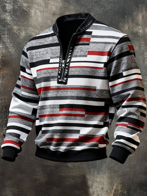 Men'S Casual Retro Contrast Color Half Zip Stand Collar Long Sleeve Sweatshirt