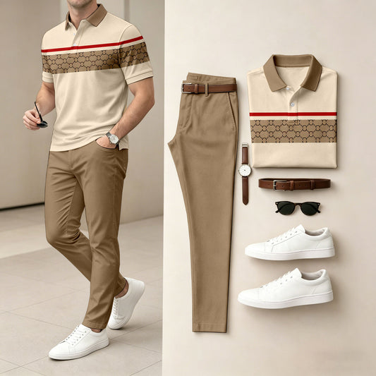 Men's Casual Off-White Checkered Printed Polo Shirt And Pants Two-Piece Set