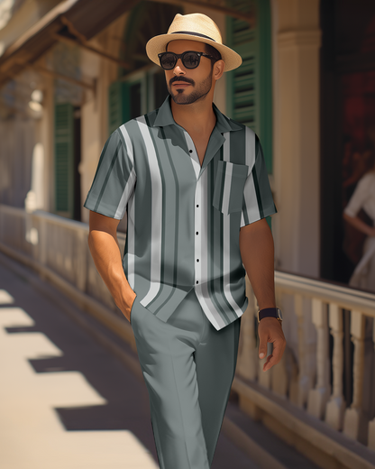 Men's retro colorblock short-sleeved shirt walking Suit 1697