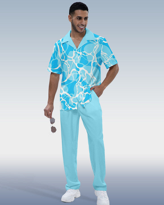 Rianmond Men's Ombre Print Short Sleeve Shirt Walking Set 377
