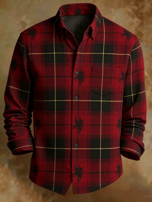 Men's Classic Tartan Plaid Shirt Red Black with Polo Equestrian Print Retro Button-Up Shirt