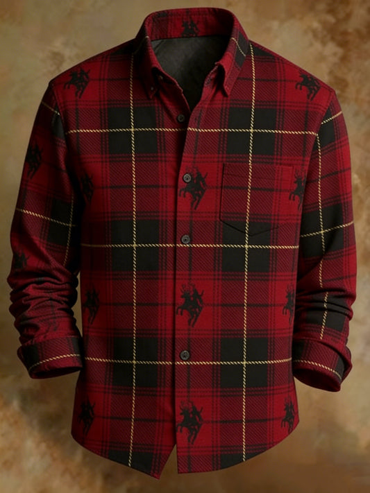 Men's Classic Tartan Plaid Shirt Red Black with Polo Equestrian Print Retro Button-Up Shirt