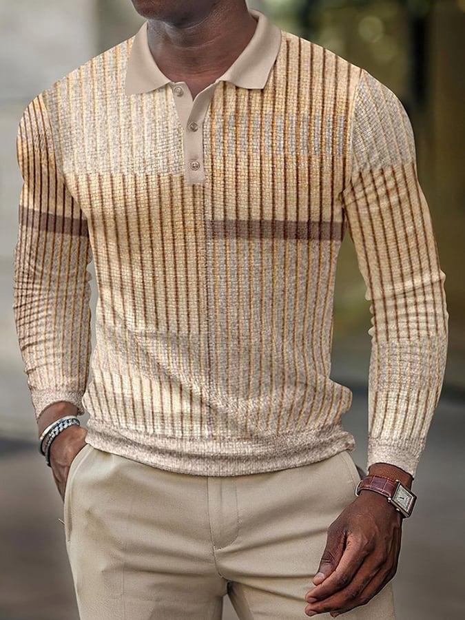 Printed Casual Waffle Long Sleeved Men'S Polo Shirt