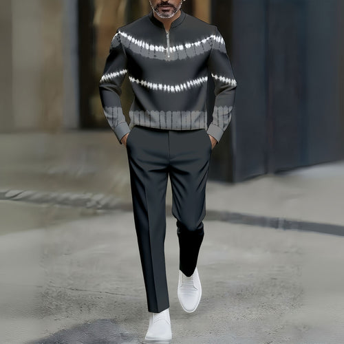 Men's Casual Dark Gray & White Color Matching Tie-dye Printed Round-Neck Zipper Long Sleeved Trousers Two-Piece Set