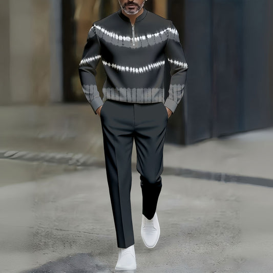 Men's Casual Dark Gray & White Color Matching Tie-dye Printed Round-Neck Zipper Long Sleeved Trousers Two-Piece Set